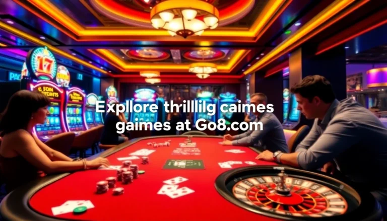 Experience adrenaline-pumping casino action showcasing Go8 com's vibrant gaming world filled with poker chips and roulette wheels.