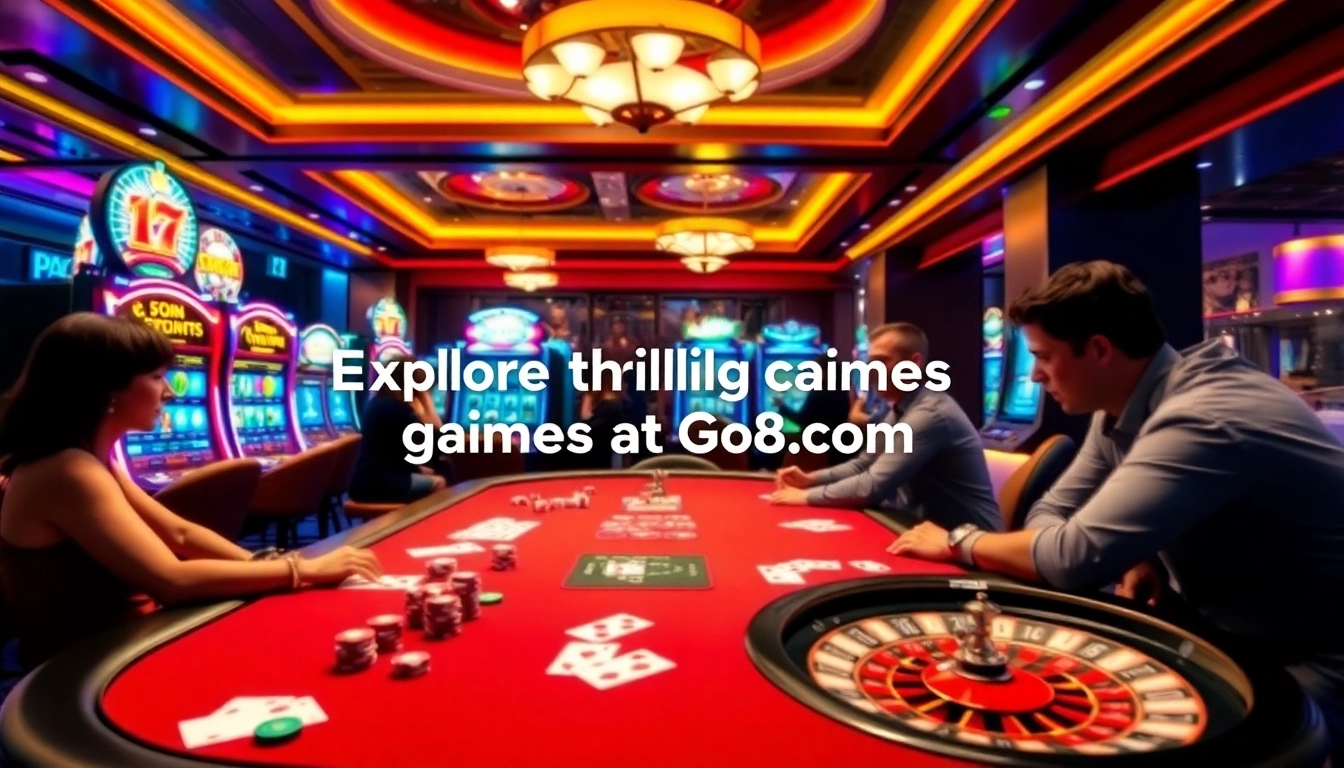 Experience adrenaline-pumping casino action showcasing Go8 com's vibrant gaming world filled with poker chips and roulette wheels.