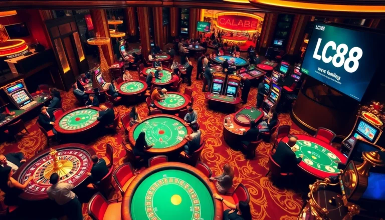 LC88 offers an exhilarating experience with vibrant poker chips and roulette wheels in an upscale casino setting.